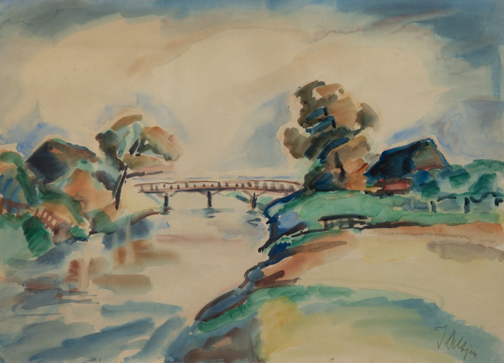 Oeltjen, Jan (1880 Jaderberg-1968 Pettau, Slowenien) "Landschaft mit Brücke über dem Fluß", Aquarel