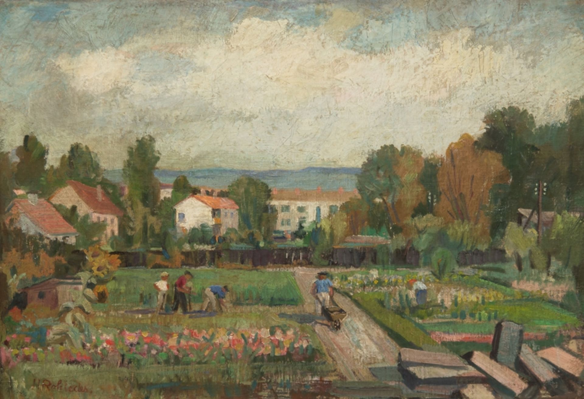 Rohleder, Hugo (1896 Wuppertal-1988 Kassel) "Bei der Gartenarbeit", Öl/Lw., sign. u.l., 51x67 cm, R