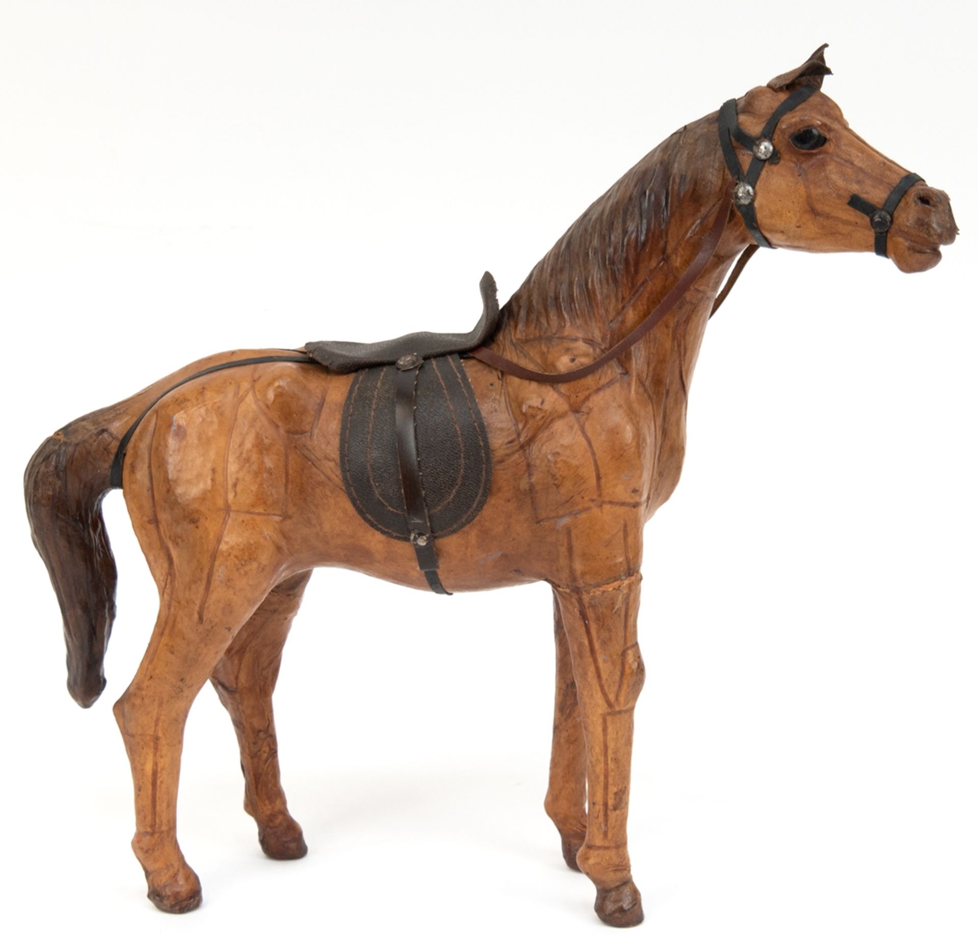 Figur "Pferd", Pappmaché/ Leder, rest., Gebrauchspuren, H. 31 cm