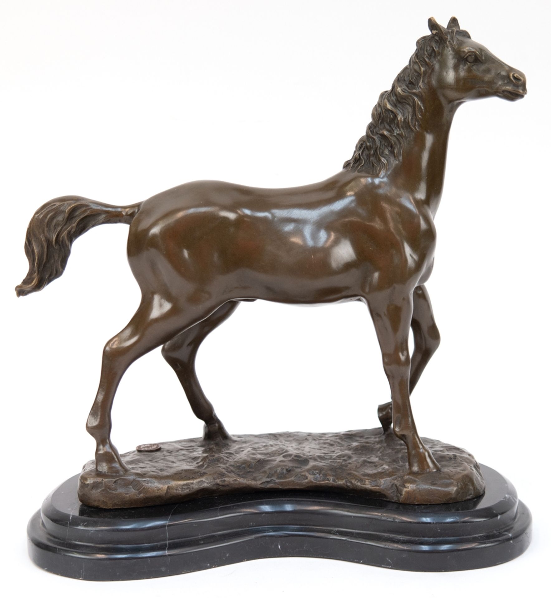 Bronze-Figur "Pferd", Nachguß 20. Jh., bezeichnet "Milo", braun patiniert, Pariser Gießermarke, H. 