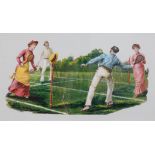 "Beim Tennis", kolorierte Grafik, 12,5x20,5 cm, im Passepartout hinter Glas und Rahmen