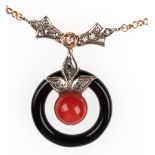 Collier, RG/ WG 14 kt./ 585, 6,5 g, Koralle, Onyx, Diamanten ca. 0,28 ct.