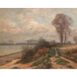 Ebel, Richard (1885 Blumberg/Potsdam-1919 Landau/Waldeck) "Flußlandschaft mit Segelboot", Öl/ Lw.,