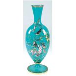 Vase, um 1900, grünes Glas mit weißem Innenüberfang, reiche, polychrome Floral- und Vogelbemalung,