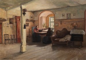 Maler des 19. Jh. "Biedermeier-Interieur", Öl/ Lw., undeutl. sign. u.l., 60x80 cm, Rahmen