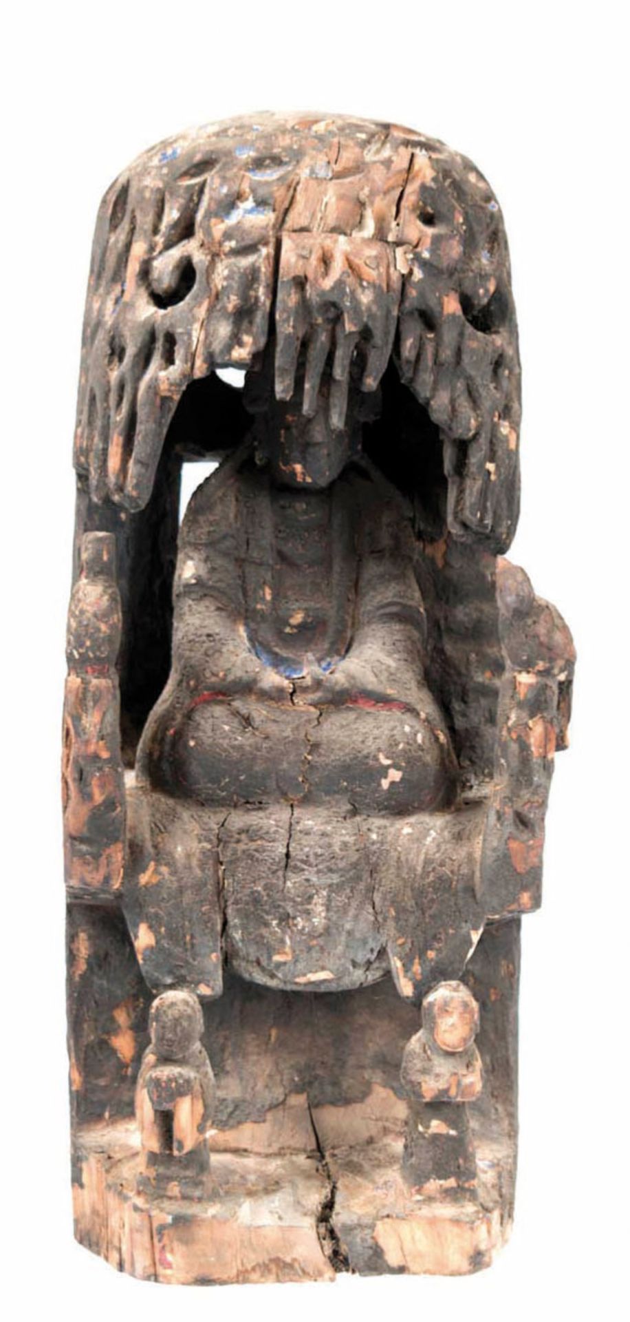 Figur "Daoistischer Gelehrter", 19. Jh., Holz, geschnitzt, sitzend unter Bedachung, rückseitig mit