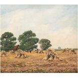 "Sommerliche Landschaft mit Getreidehocken", Öl/Lw., undeutl. sign. u.r., 70x78 cm, Rahmen