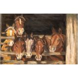 Tiermaler des 19. Jh. "Pferde aus dem Stall schauend", Öl/Lw., unsign., 1 Hinterlegung, 64x90 cm, R