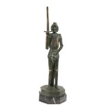 Figur "Roland mit erhobenem Schwert", Bronze, grün patiniert, auf achteckigem Marmorsockel und acht