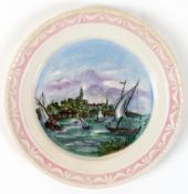 KPM-Ansichtenteller "Hamburg von der Elb-Seite um 1795", handgemalt "MM", Kurland mit rosa Rand, Dm