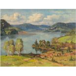 Halbauer "Ein Sommertag am See", Öl/Lw./Sperrholz, sign. u.l. und dat. 1943, 27x35 cm, Rahmen