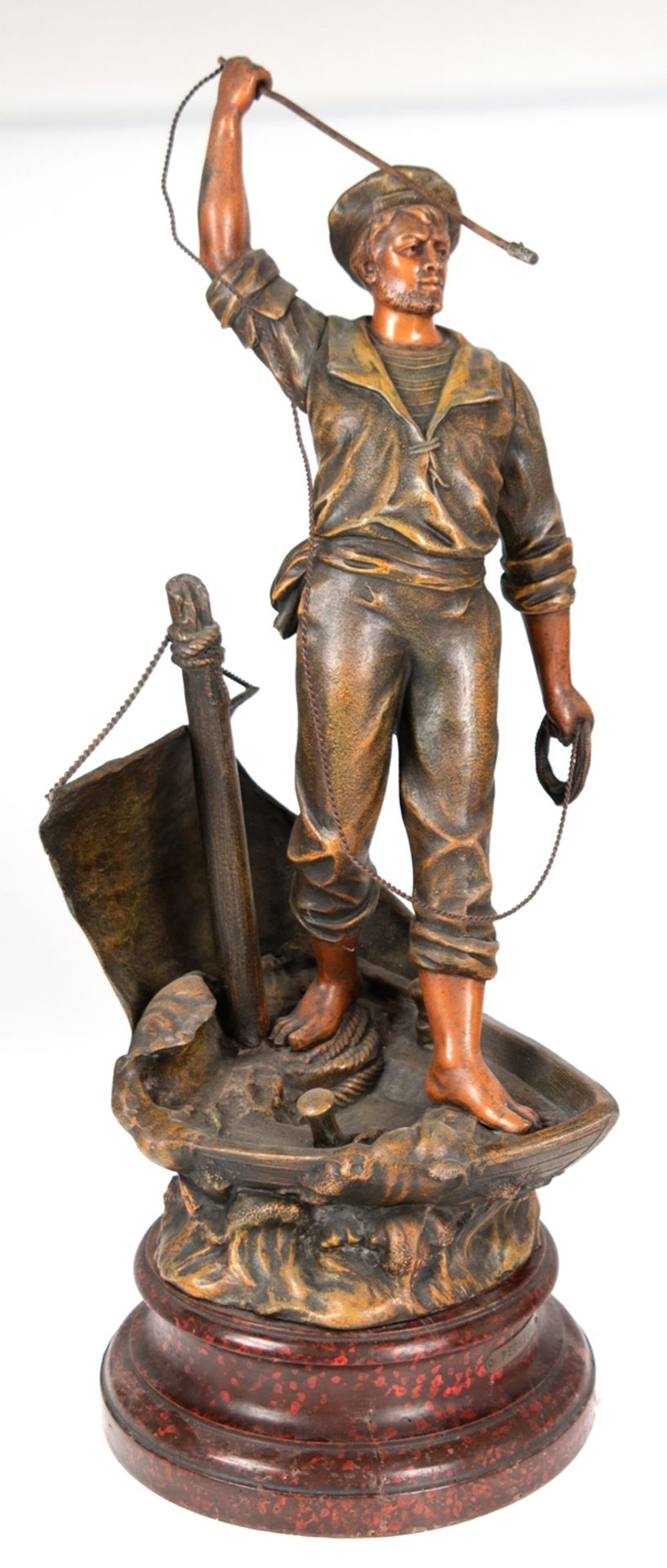 Skulptur "Fischer mit Harpune im Boot stehend ", Metallguß bronziert und farbig gefaßt, Anfang 20.