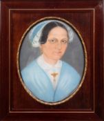 Biedermeier-Porträt "Dame im hellblauen Kleid mit Haube", Pastell, unsign., 46x36 cm, ovaler Aussch