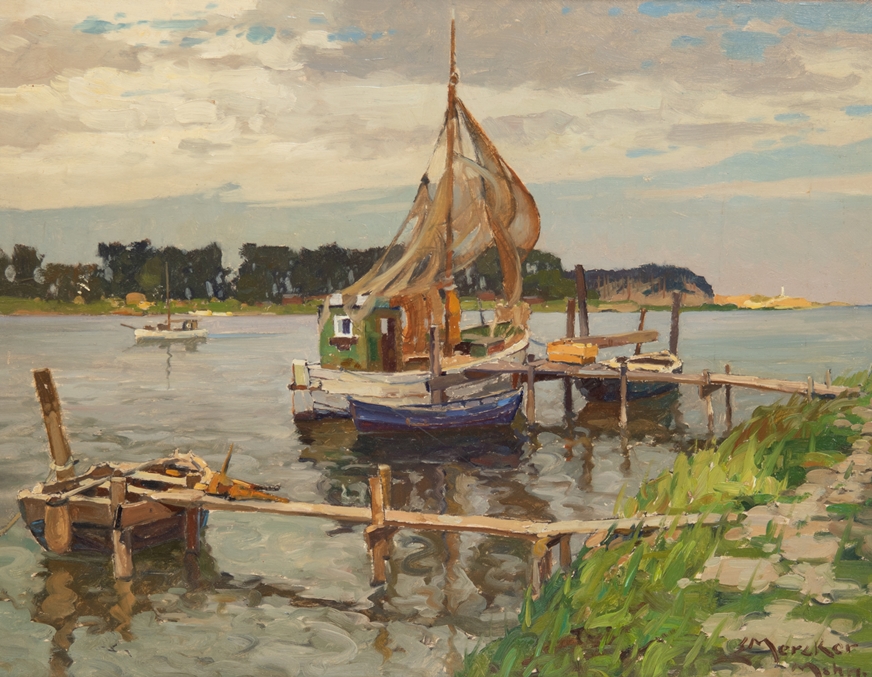 Mercker, Erich (1891 Zabern-1973 München) "Kutter auf dem Bodden", Öl/ Hartfaser, sign. u.r., 49x64