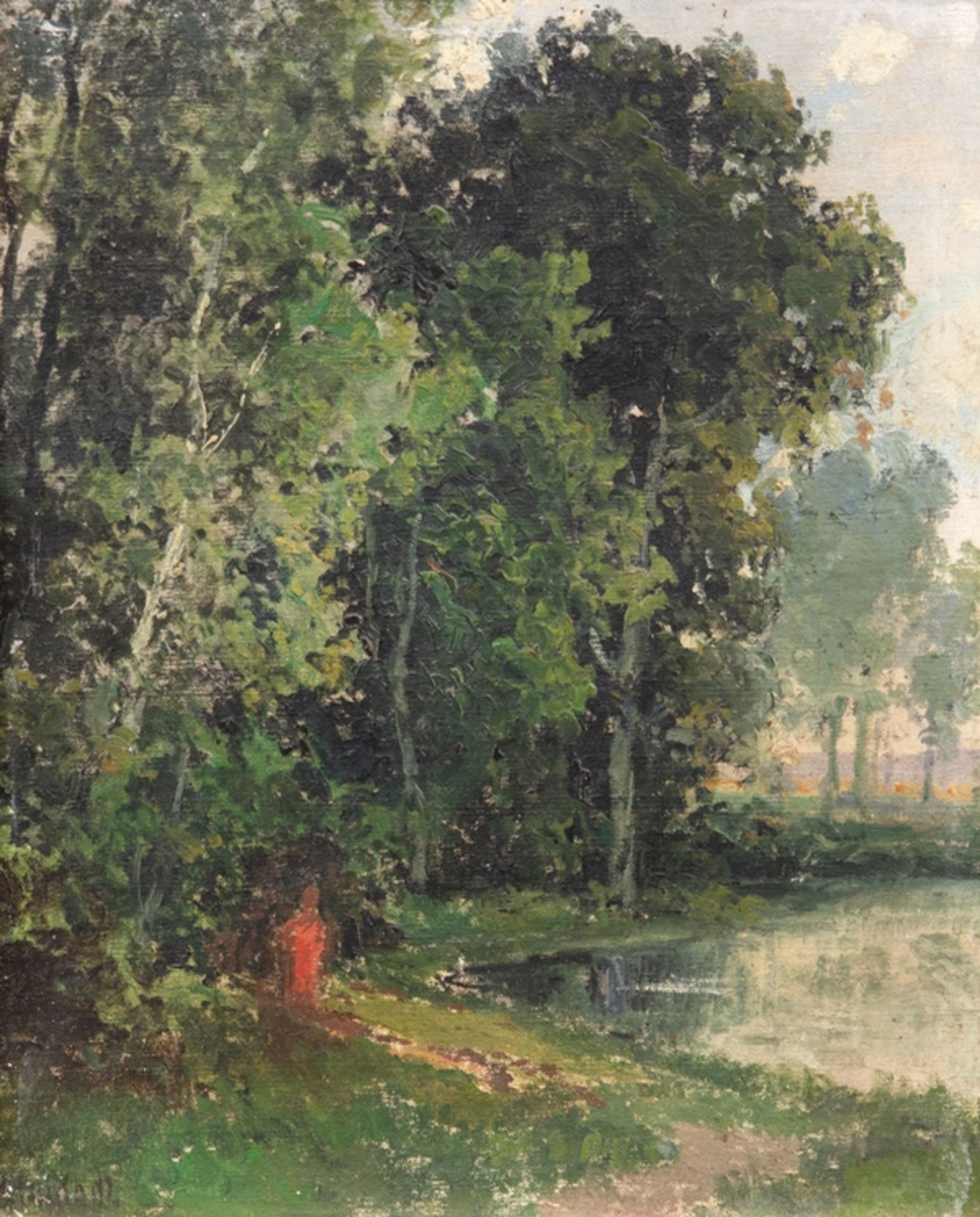 Pflugradt, Franz (1861 Peenwerder/Demmin-1946 Zingst) "Bewaldete Seenlandschaft", Öl/ Lw./ Karton, 