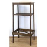 Etagere, um 1930, diverse Hölzer, leicht konische Form, restauriert, 132x65x51 cm