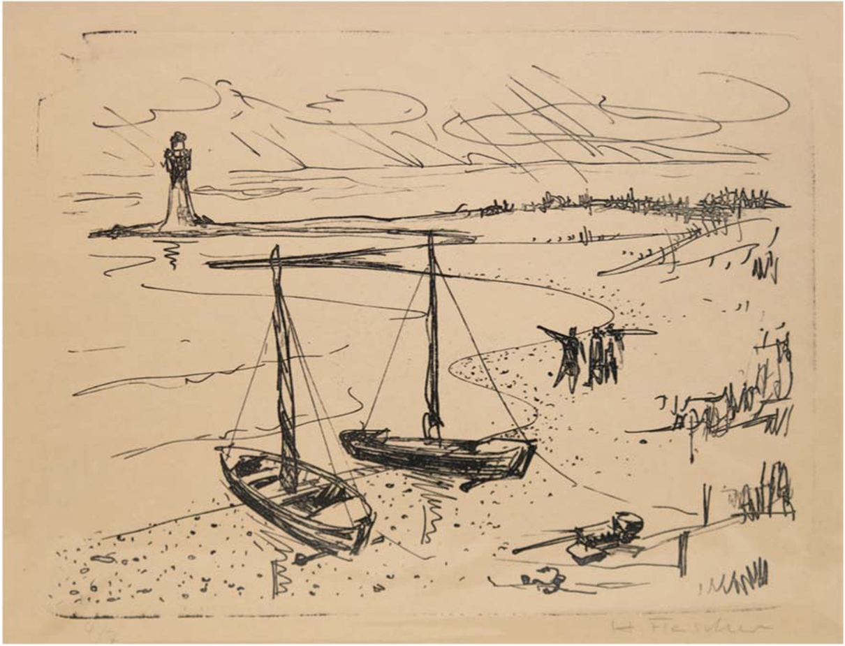 Fleischer, Hans "Zwei Boote am Strand", Litho, handsign. u.r., 4/7 Exemplaren, im Passepartout, 36x