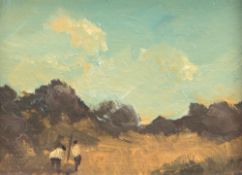 Landschaftsmaler des 20. Jh., 2x "Erntelandschaften", Öl/H., unsign., je 9x7 cm, im breiten dekorat