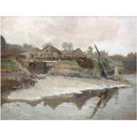 Maler des 20. Jh. "Uferlandschaft mit Boot und Gehöft", Gouache, unleserl. u.r., 32x40 cm, hinter G