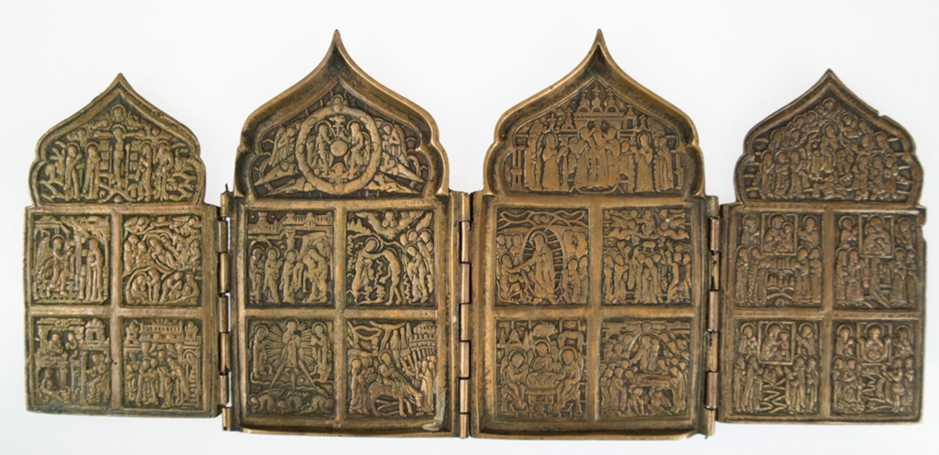 Reiseikone, Bronze, 19. Jh., Tetraptychon, 4-flügelig, klappbar, ges. 16x36,5 cm