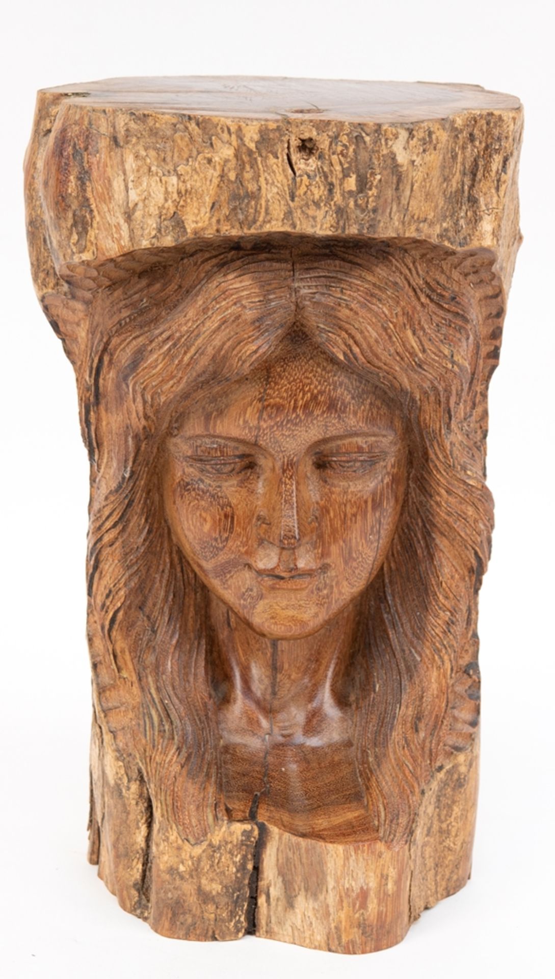 Figur "Frauenkopf", Obstholz, geschnitzt, lasiert, H. 30,5 cm