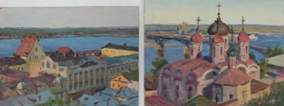 Popow, Alexsej (1916-1988), 2 doppelseitig bemalte Gemälde "Städte und Landschaftsdarstellungen", Ö