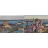 Popow, Alexsej (1916-1988), 2 doppelseitig bemalte Gemälde "Städte und Landschaftsdarstellungen", Ö