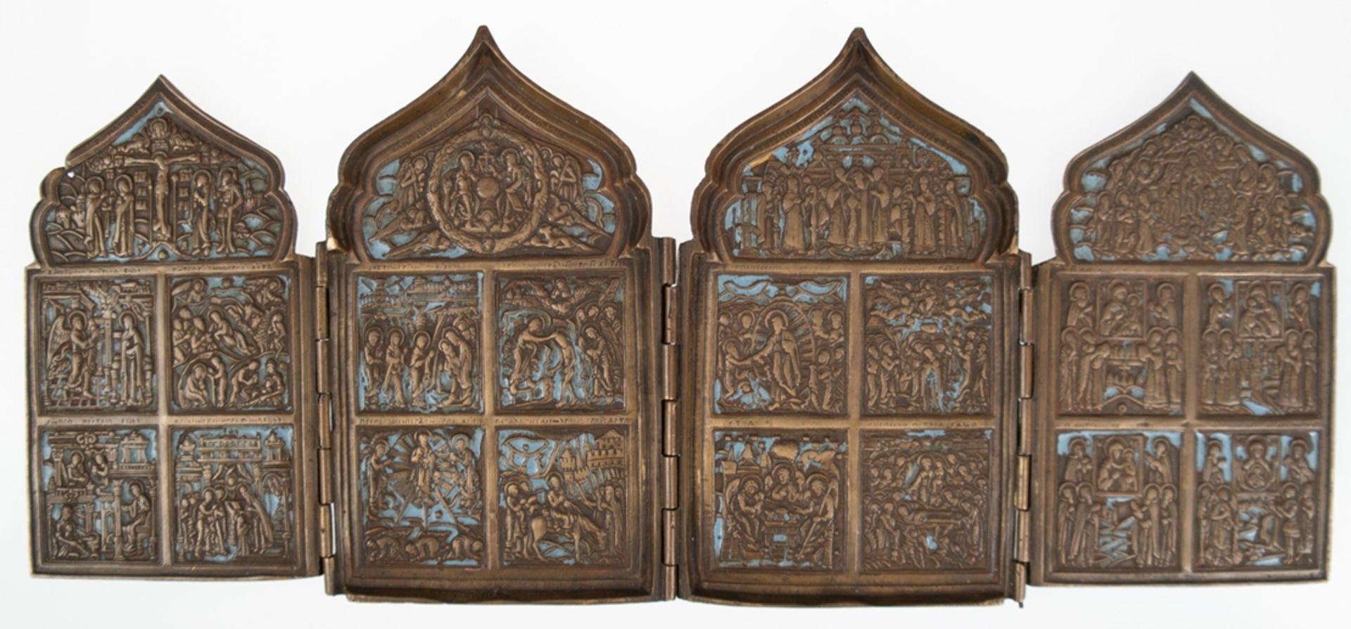 Reiseikone, Bronze z.T. emailliert, 19. Jh., Tetraptychon, 4-flügelig, klappbar, ges. 17x40,5 cm