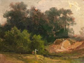 Pflugradt, Franz zugeschrieben "Bewaldete Landschaft", Öl/ Mp., unsign., 24,5x29 cm, Rahmen (Studiu