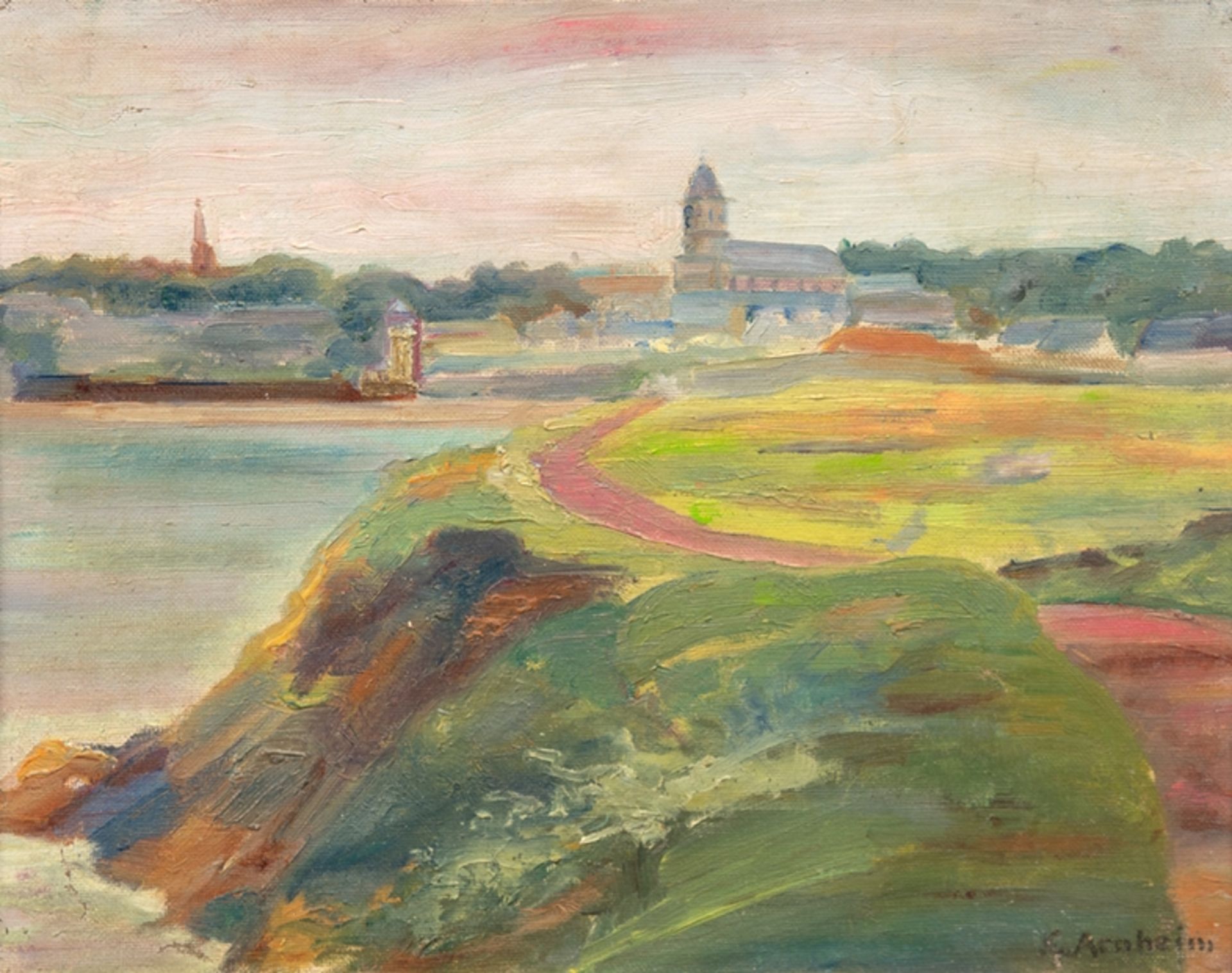 Arnheim, Clara (1870 Berlin-1943 Theresienstadt) "Küstenlandschaft mit Blick auf ei n Dorf", Öl/ Lw