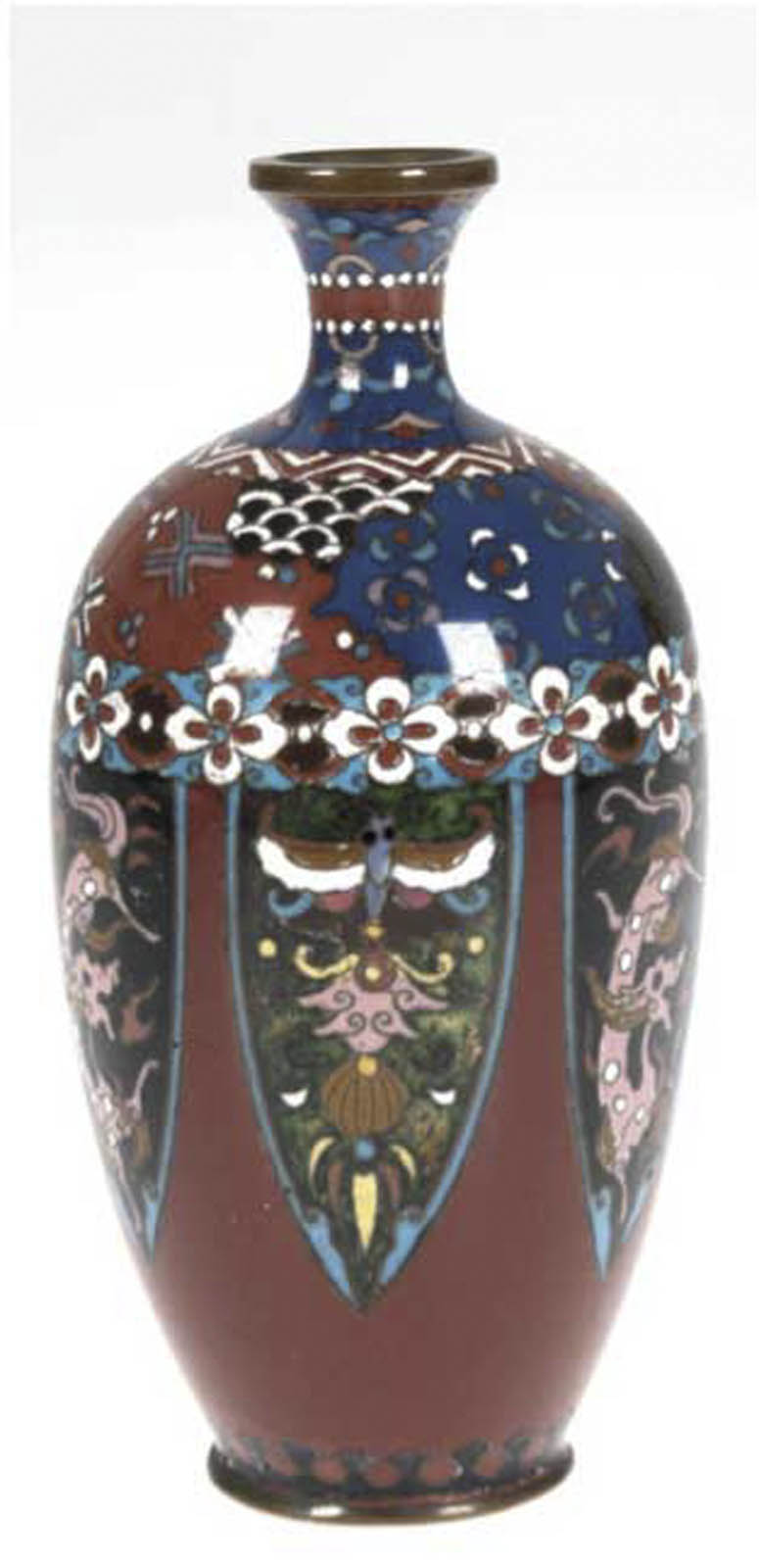 Cloisonne-Vase, China um 1900, polychromer Drachendekor auf braunem Grund, H. 12 cm