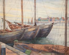 Schütz, H. "Segelboote im Hafen", Aquarell, sign. u.r. und bez. "Volendam" u.l., 32x39,5 cm, hinter