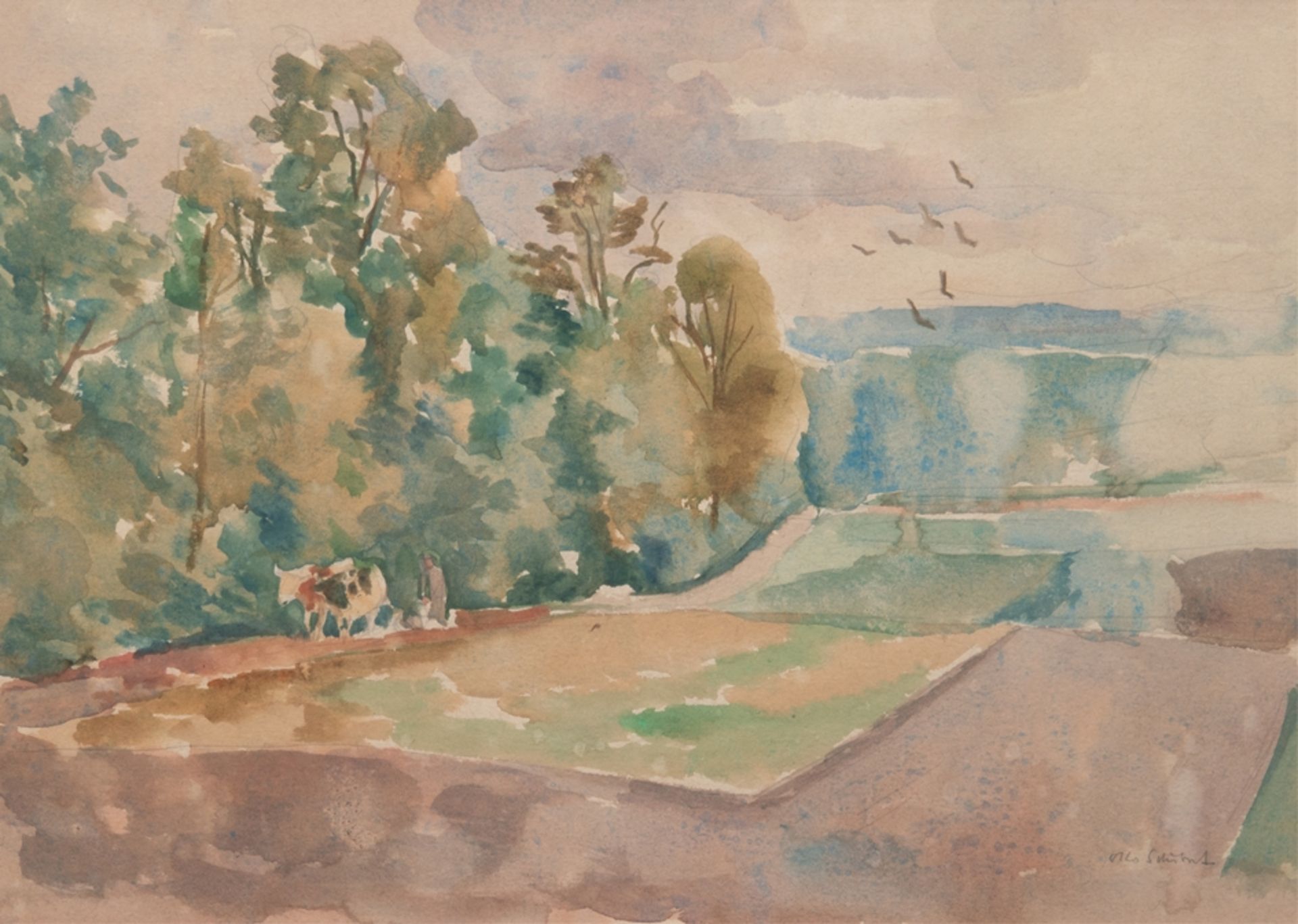 Schubert, Otto (1892 Dresden- 1970 Dresden) "Bauer bei der Feldarbeit", Aquarell, sign. u.r., 37x50