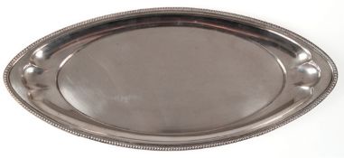 Spitzovales Tablett, 800er Silber, mit Perlrand, ca. 219 g, Maße ca. 32 x 14 cm