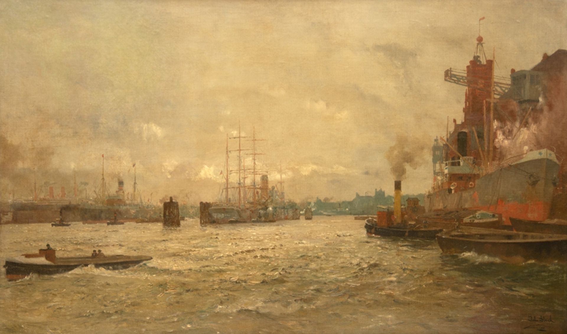 Gleich, John (1879 Memel-nach 1927) "Im Hamburger Hafen", Öl/ Lw., doubliert, sign. u.r., 69x108 cm