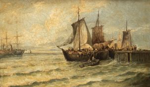 Guyot "Anlandung der Fischerboote", Öl/ Holz, sign. u. dat. 1881 u.r., stark craqueliert, 37x58 cm,
