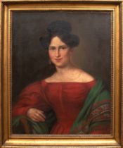 Maler des 19. Jh. "Damenporträt", Öl/ Lw., unsign., rückseitig bez. "Maria del Carmen", 72x58 cm, R