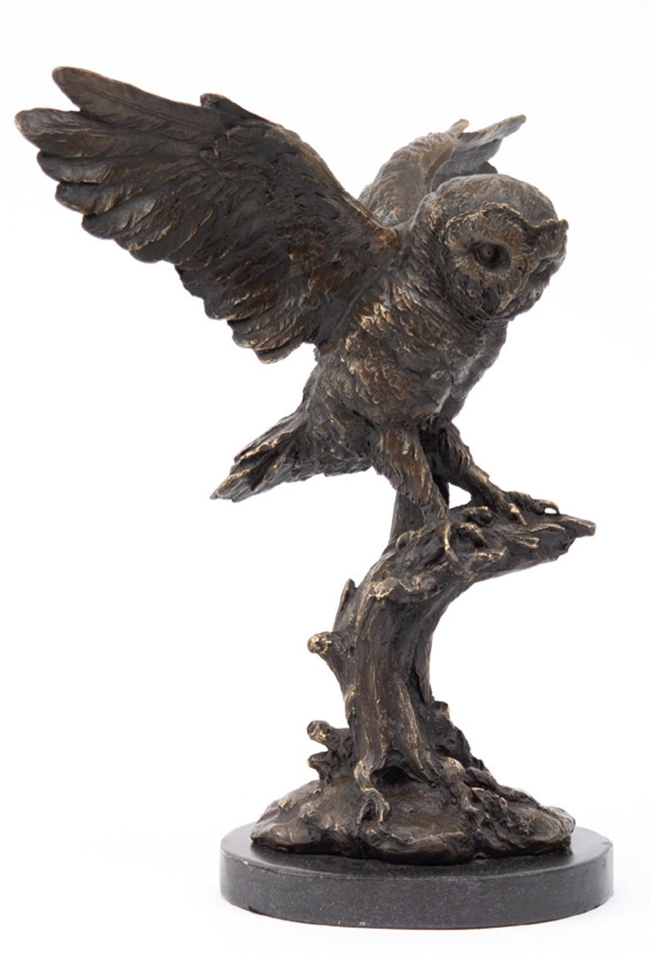 Bronze -Figur "Eule mit ausgebreiteten Flügeln auf Ast sitzend", Nachguß, braun patiniert, bez. "Mi