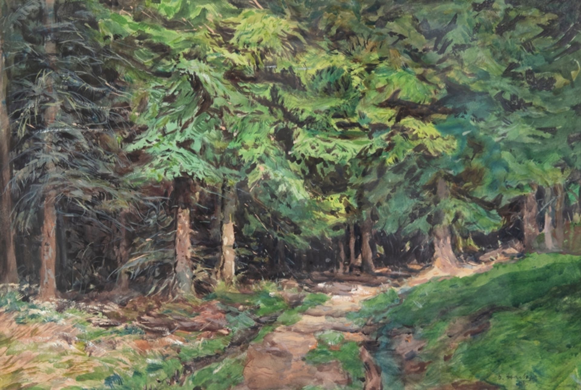 Hacker, Georg (1865 Dessau-1945 Düsseldorf) "Im dichten Tannenwald", Aquarell, sign. u.r. mit Ortsa