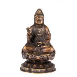 "Buddha mit Glücksgeste auf doppeltem Lotosthron sitzend", Bronze, fein gearbeitet, H. 11 cm