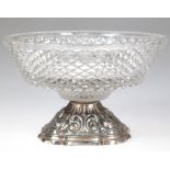 Schale mit 925er Silber-Fuß, gefüllt, mit Rosen- und Ornamentrelief, Glasschale mit Waffeldekor, Ge
