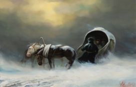 Russischer Maler um 1920 "Pferdegespann im Winter", Öl/ Lw., unleserlich sign. u.r., 50x69 cm, Rahm