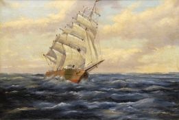 Maler um 1900 "Dreimaster auf bewegter See", Öl/ Lw., unsign., 46x65,5 cm, Rahmen
