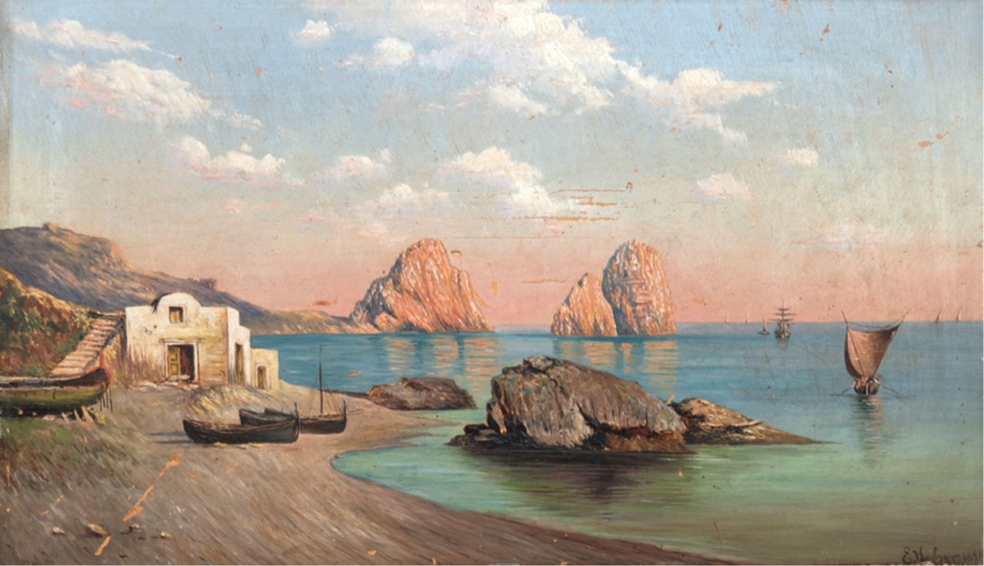 Huber, E. "Capri", Öl/Holz, sign. u.r. und dat. 1891, Farbverluste, 22x36,5 cm, Rahmen