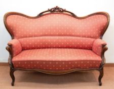 Louis-Philippe-Sofa, mahagonifarbenes, geschwungenes Gestell beschnitzt, rotbrauner Bezugsstoff mit