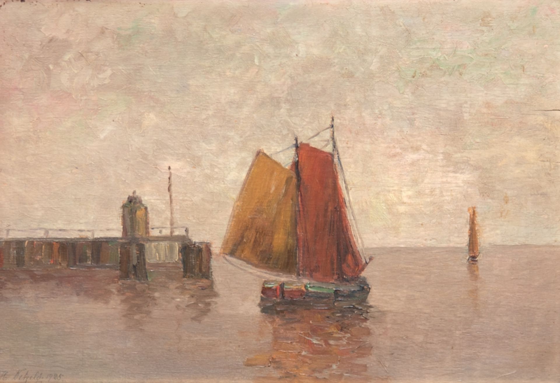 Netzely, Heinz (Maler des 20. Jh.) "Auslaufendes Segelschiff", Öl/ Holz, sign. u.l. und dat. 1925, 