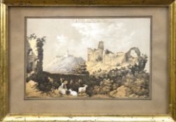 "Les Ruines-Mädchen mit ihren Ziegen bei der Ruine", Radierung, unsign. betitelt u.l., 14,5x21 cm, 