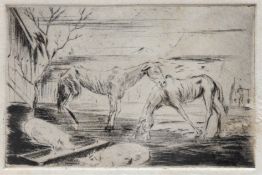 "Pferde und Schweine auf dem Bauernhof", Grafik, unsign.,am rechten Rand min. besch., 6,5x9,5 cm, i