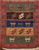 Shiraz, Kelim Samak, ornamentale Muster und Vogelmotive, 116x76 cm