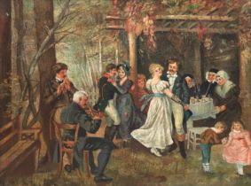 Biedermeier-Maler "Hochzeitsgesellschaft", Öl/ Lw., doubliert, craqueliert, unsign., 47x57,5 cm, Ra